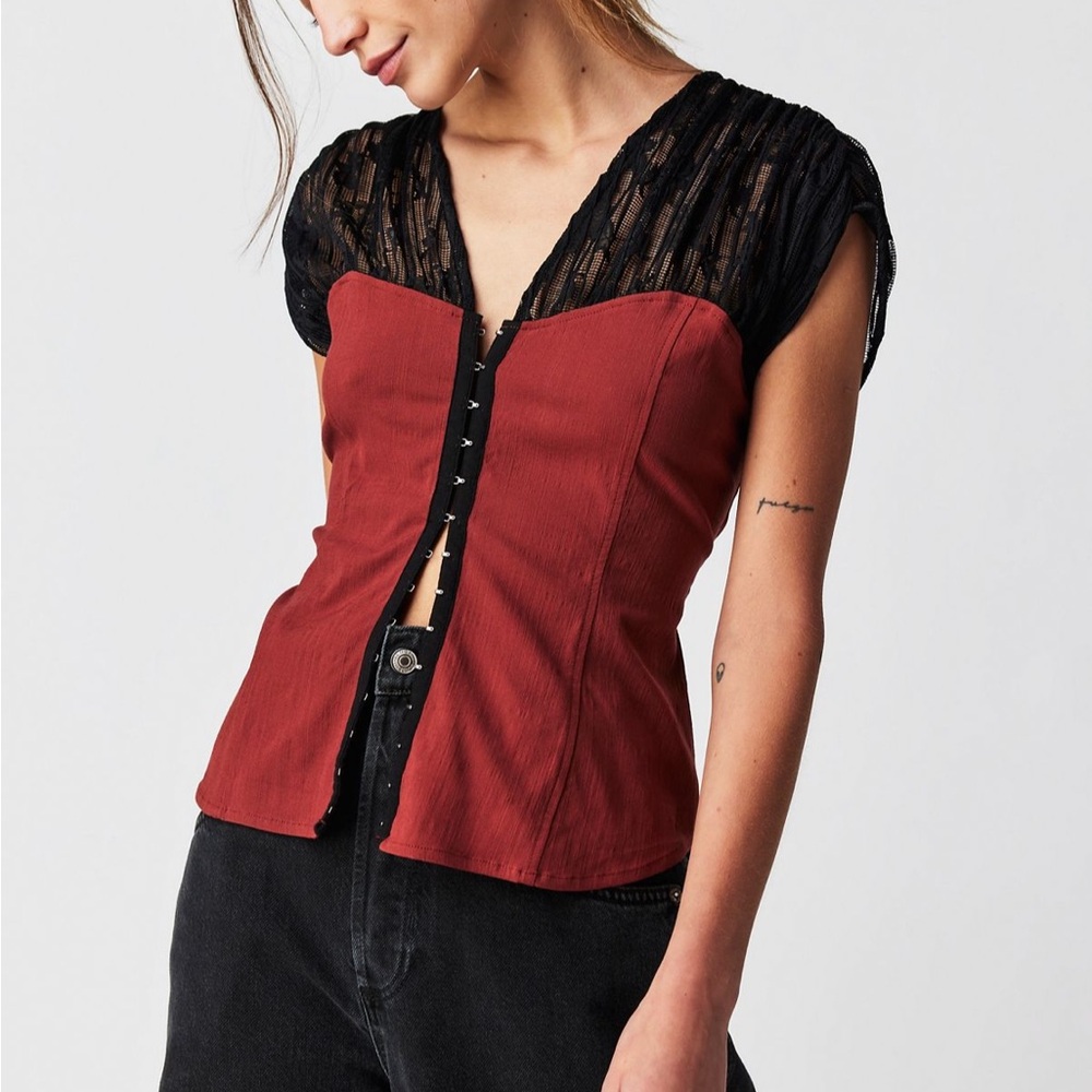 Free People Black and Red Lace Blouse